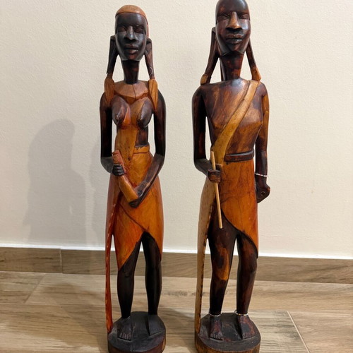 African wooden statues used, set of 2, handmade