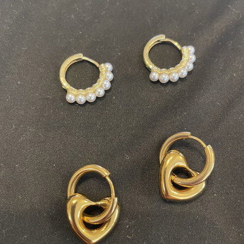 Gold-plated heart and pearl hoop earrings, stainless steel, 2 pairs