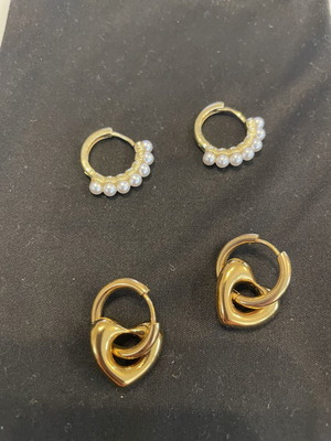 Gold-plated heart and pearl hoop earrings, stainless steel, 2 pairs