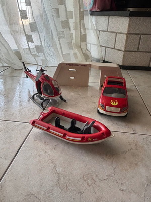 Playmobil fire rescue set like new, vehicle, helicopter, inflatable boat