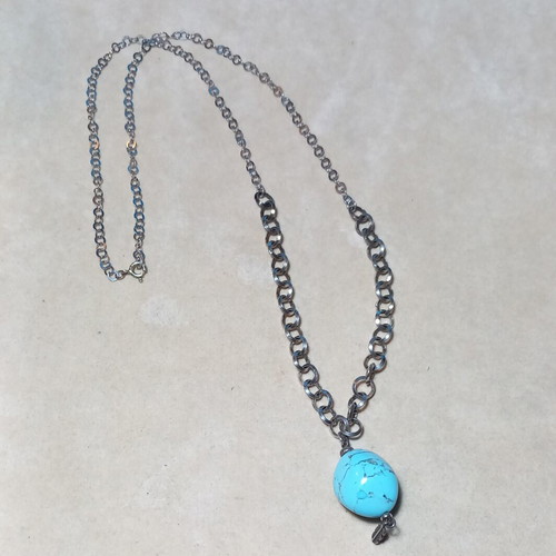 Silver necklace with turquoise stone and silver feather, new