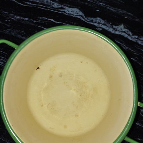 Vintage enamel pot with lid 16 cm used, beige with green details
