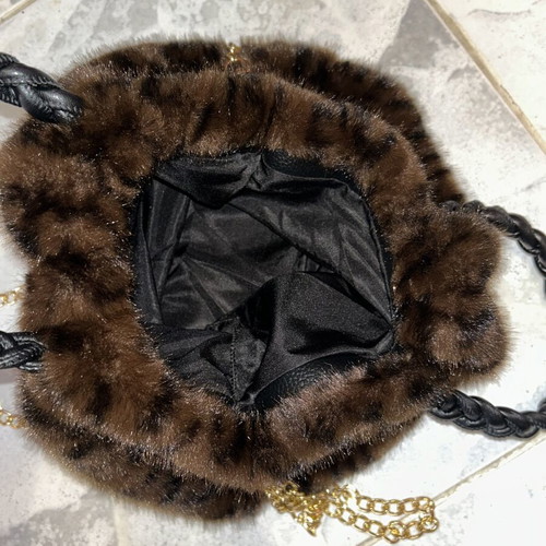 Small furry handbag with chain, black and brown