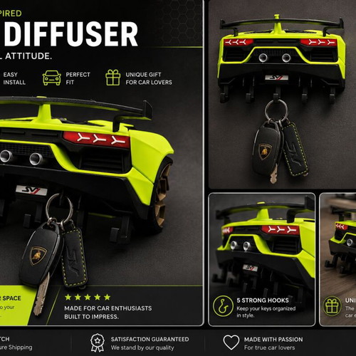 Lamborghini Inspired Rear Diffuser Key Holder new, 3D printed car decor