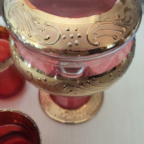 Vintage red glass liqueur tea set with gold used
