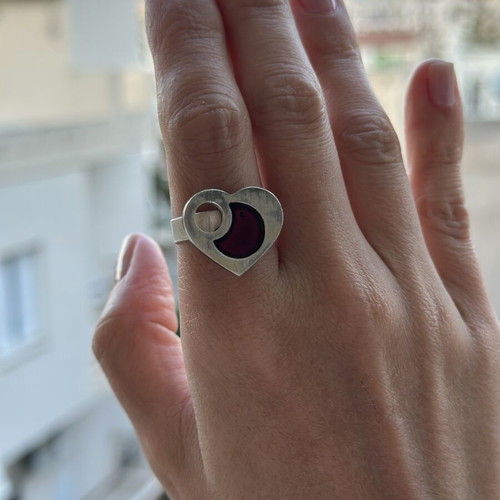 Heart ring with purple enamel silver 925 like new, adjustable