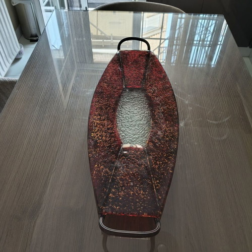 Decorative elongated glass platter like new with red and gold crackle on metal base