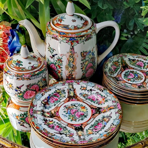 Vintage Chinese Rose Medallion porcelain tea set, handpainted