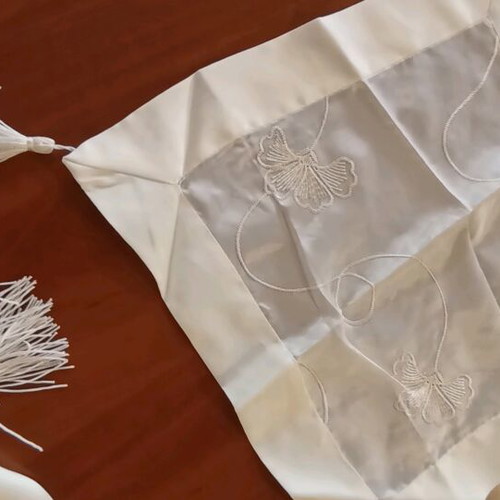 Embroidered table linen set like new, satin fabric yellow