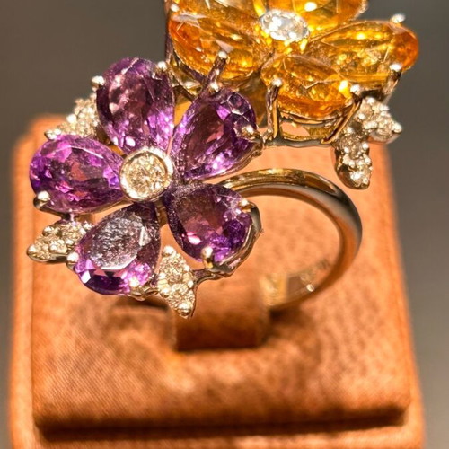 White gold k18 ring with brilliant, amethysts and citrine new