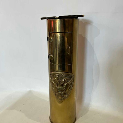 Antique handmade brass floor ashtray from shell with door and emblem 52x13