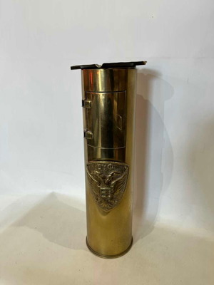 Antique handmade brass floor ashtray from shell with door and emblem 52x13