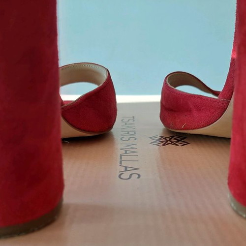 Tsakiris Mallas red sandals used with clutch bag