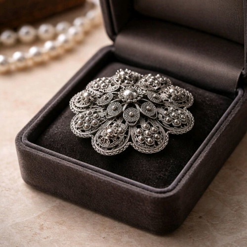 Silver filigree vintage brooch used, Ioannina craftsmanship, large