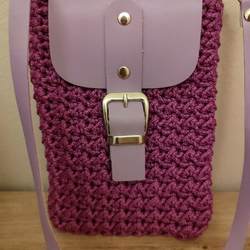 Handmade knitted crossbody bag new pink-purple with leather details