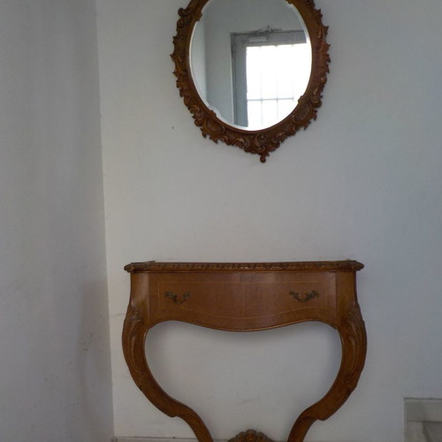 Entrance furniture with oval mirror, handmade, solid cherry wood