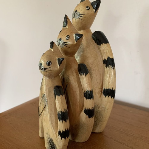 Set of three handmade wooden cat figurines new