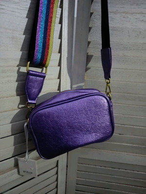 Purple metallic crossbody bag new with multicolor strap