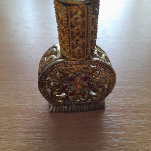 Vintage collectible perfume bottle used, handmade filigree with stones