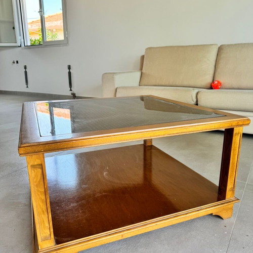 Rattan table used, walnut and glass