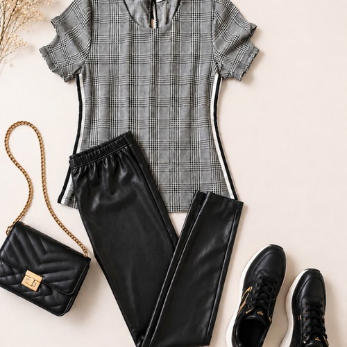 Plaid blouse and eco leather leggings set, size L