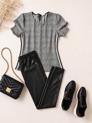 Plaid blouse and eco leather leggings set, size L