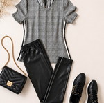 Plaid blouse and eco leather leggings set, size L