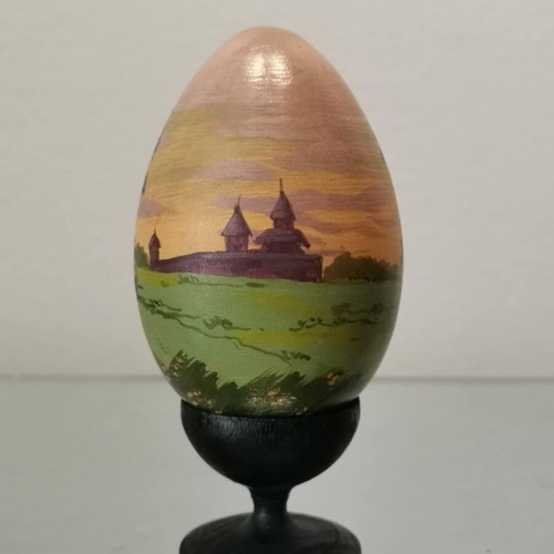 Russian egg used with hand-painted design and wooden base