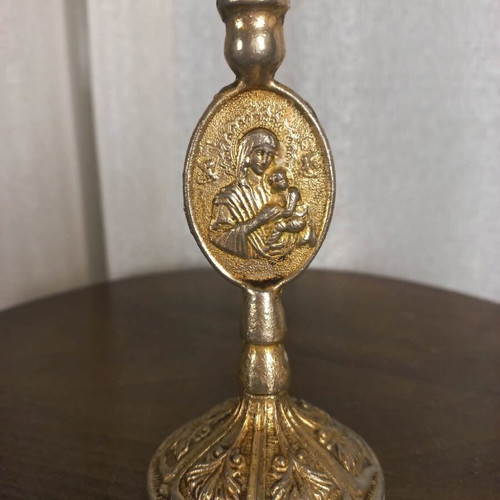 Christian brass candlestick used with Virgin Mary and Saint George