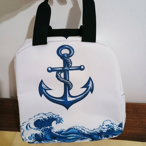 Thermal lunch bag with dark blue hook and nautical design, new