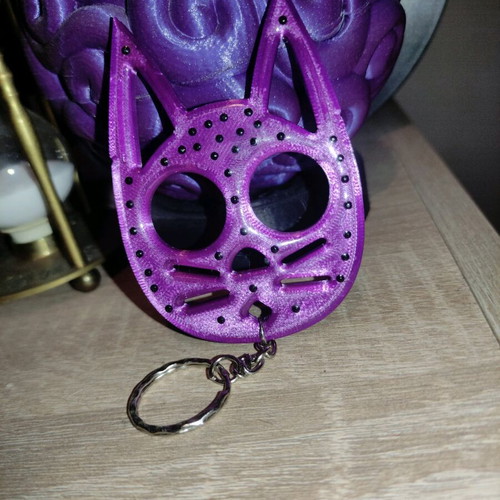 Handmade 3D Printed Cat Keychain with Rhinestones and Resin Coating like New, Purple