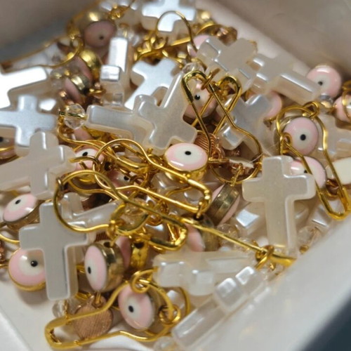 Martyrika baptism souvenirs pack of 30, gold with beads, heart, pink eye, cross