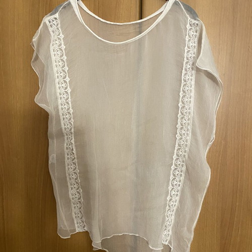 Transparent blouse with lace stripes, new, white, silk fabric