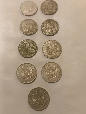 Set of 9 used 5 Drachma coins 1930