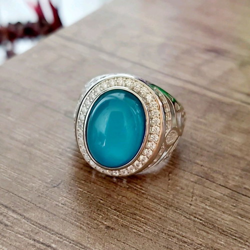 Men's silver 925 ring with natural light blue agate new