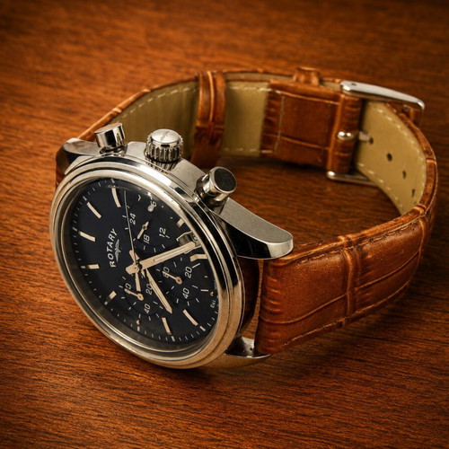 Rotary 1895 Vintage Chronograph Watch used, leather strap, blue dial