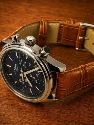 Rotary 1895 Vintage Chronograph Watch used, leather strap, blue dial