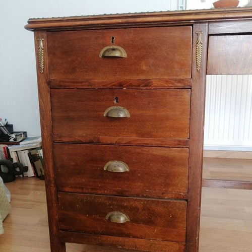 Vintage wooden desk used, walnut color with intact leather surface