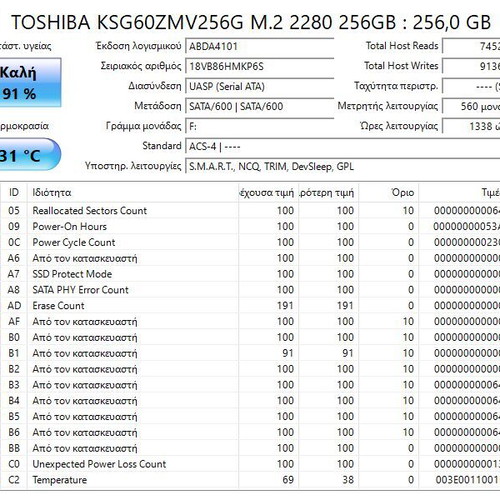 Toshiba KSG60ZMV256G 256GB M.2 2280 SATA SSD σαν καινούργιο
