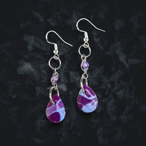 Earrings drops new with purple-blue marbled effect, hypoallergenic