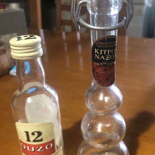Glass miniature bottles used, pack of 7, vintage spirit collection