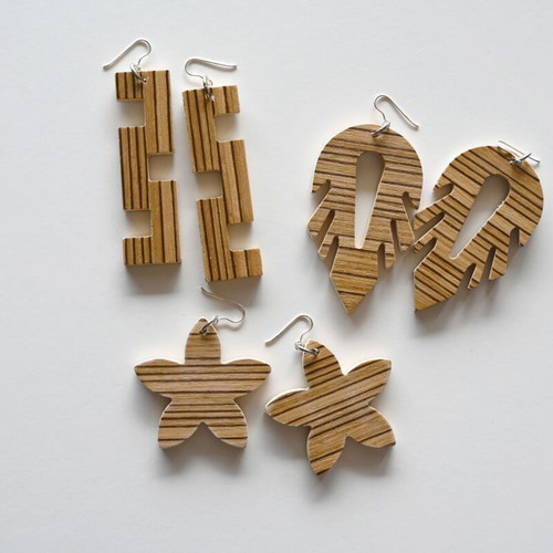 Geometric earrings handmade from Zebrano wood with 925 silver new