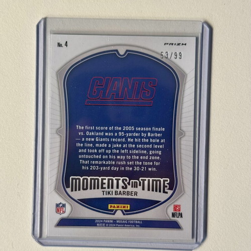 2024 Panini Mosaic Moments in Time Blue Mosaic Tiki Barber 53/99 Giants #4