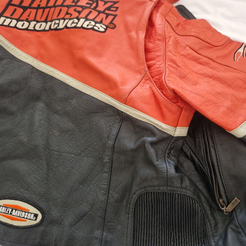 Harley-Davidson Genuine Leather Motorcycle Jacket, size S, black and orange