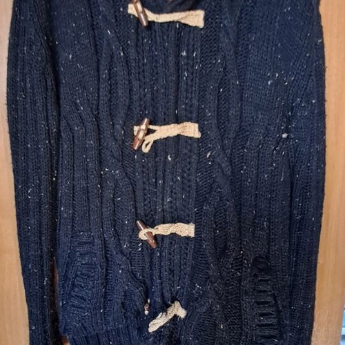 Men's knitted cardigan with fur and hood XL like new, blue