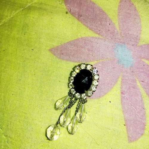 Pin with black bead, diamonds and hanging clear crystals like new