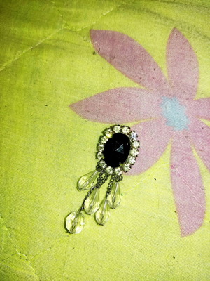 Pin with black bead, diamonds and hanging clear crystals like new