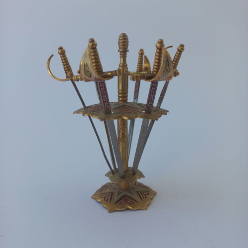 Vintage brass sword cocktail toothpick set like new