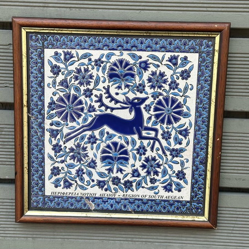 Handmade ceramic tile of Rhodes used with deer and frame