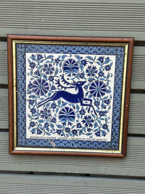 Handmade ceramic tile of Rhodes used with deer and frame